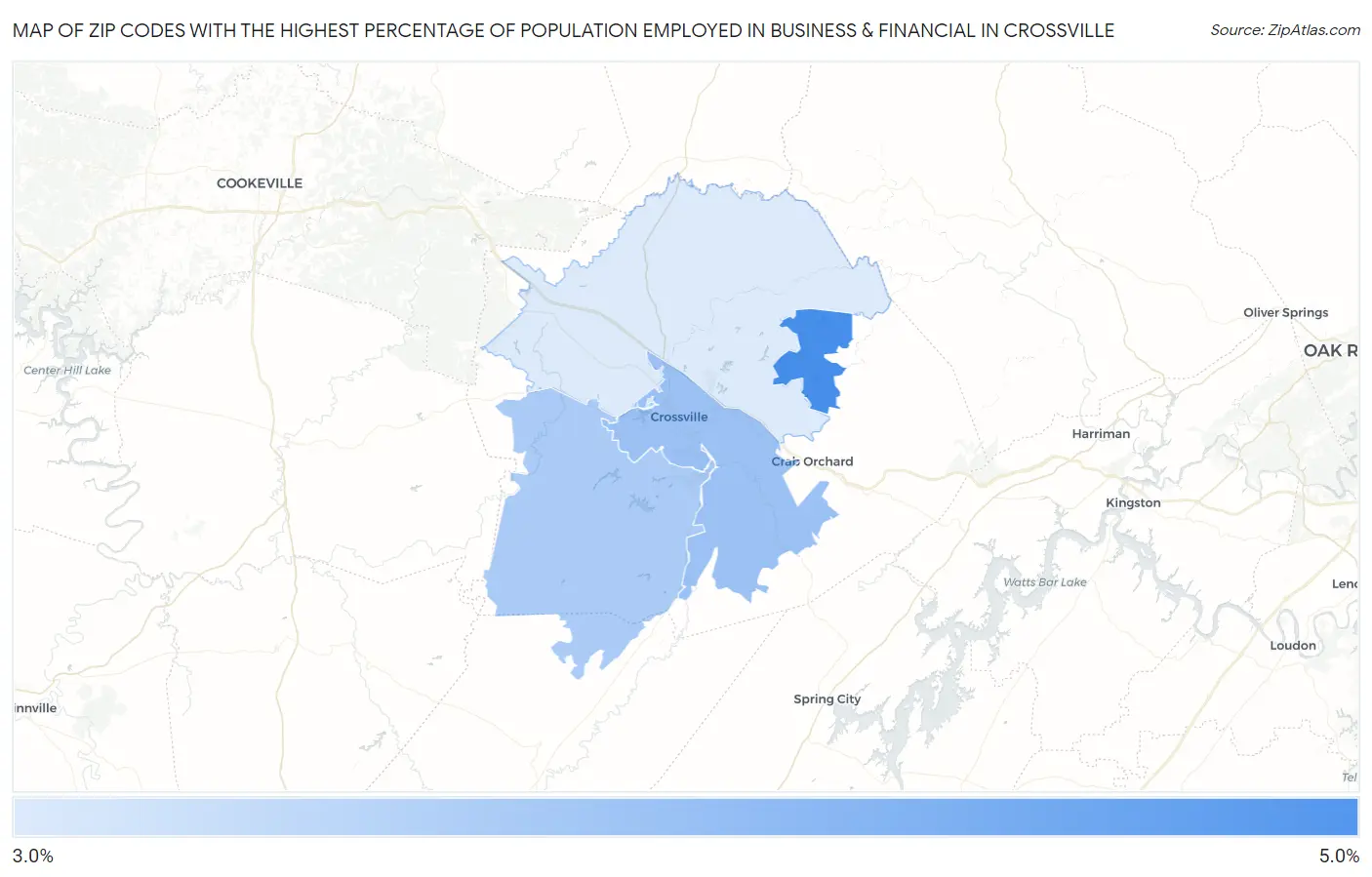 Zip Codes with the Highest Percentage of Population Employed in Business & Financial in Crossville Map