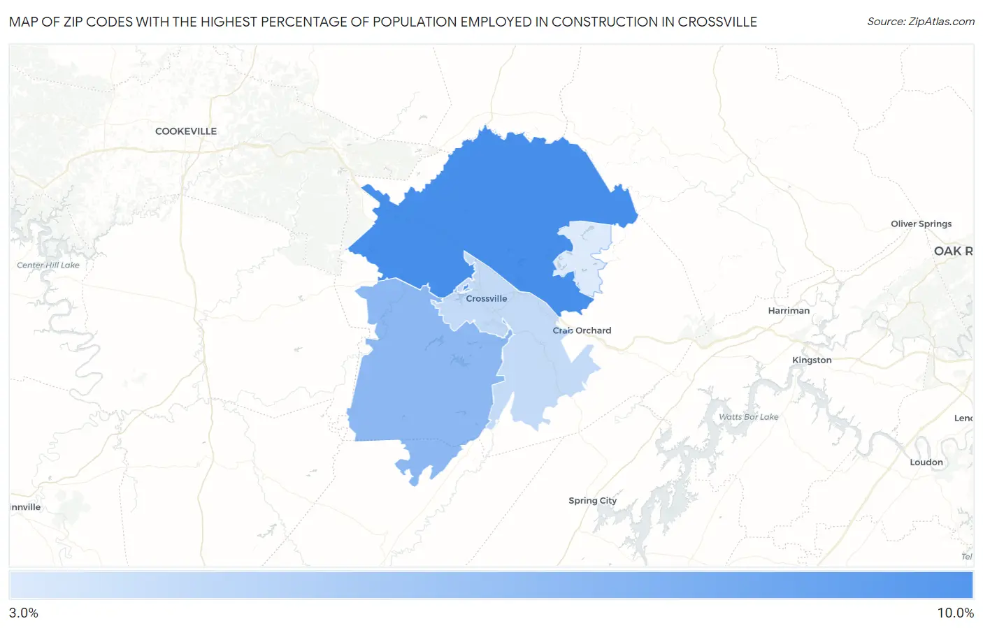 Zip Codes with the Highest Percentage of Population Employed in Construction in Crossville Map
