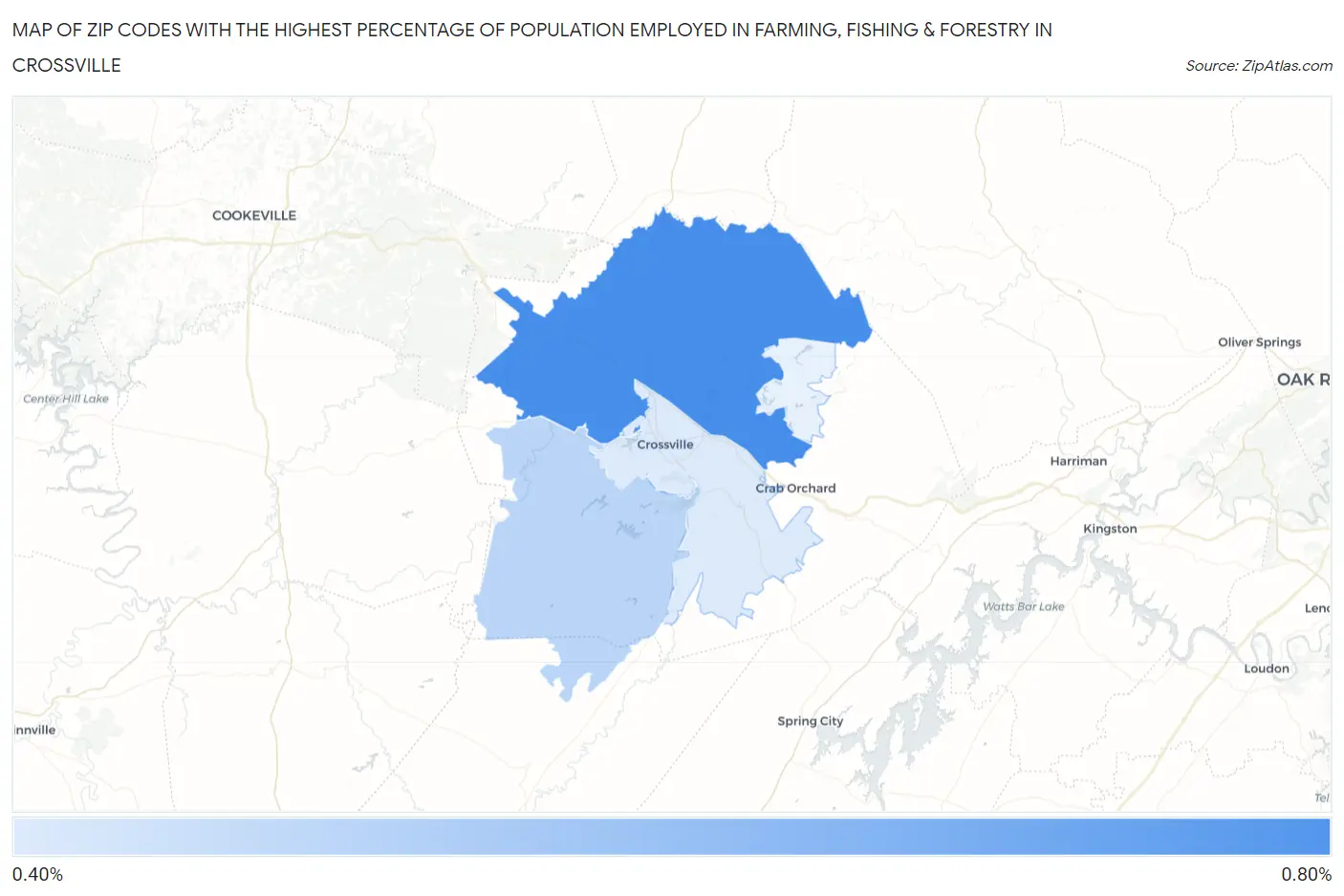 Zip Codes with the Highest Percentage of Population Employed in Farming, Fishing & Forestry in Crossville Map