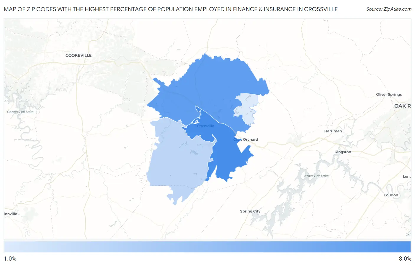 Zip Codes with the Highest Percentage of Population Employed in Finance & Insurance in Crossville Map