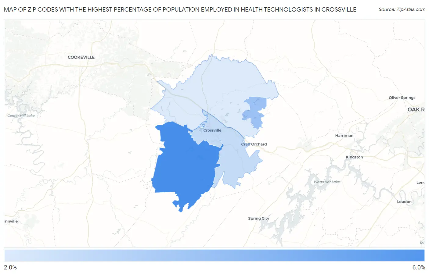 Zip Codes with the Highest Percentage of Population Employed in Health Technologists in Crossville Map