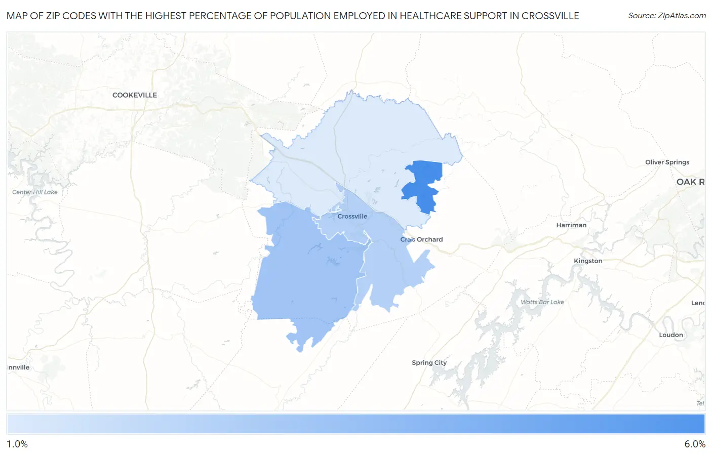 Zip Codes with the Highest Percentage of Population Employed in Healthcare Support in Crossville Map