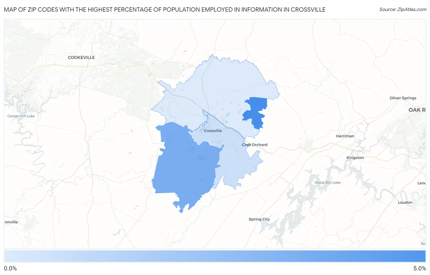 Zip Codes with the Highest Percentage of Population Employed in Information in Crossville Map