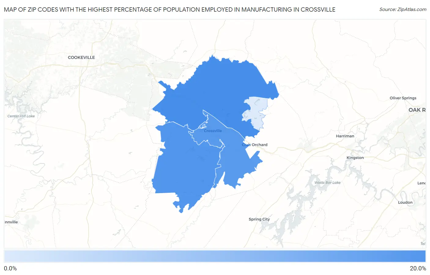 Zip Codes with the Highest Percentage of Population Employed in Manufacturing in Crossville Map