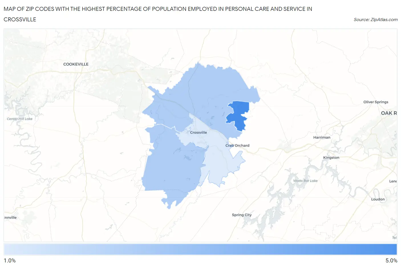 Zip Codes with the Highest Percentage of Population Employed in Personal Care and Service in Crossville Map