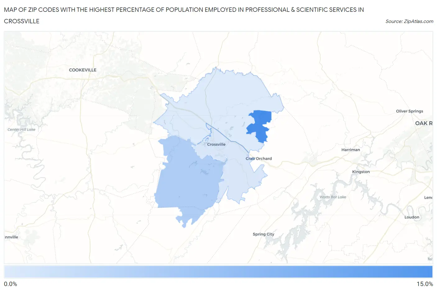 Zip Codes with the Highest Percentage of Population Employed in Professional & Scientific Services in Crossville Map