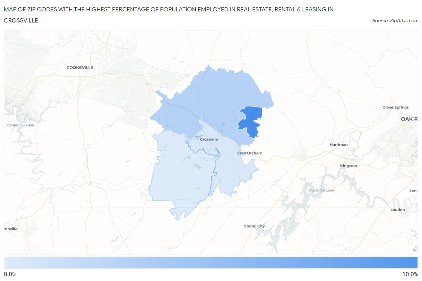 Zip Codes with the Highest Percentage of Population Employed in Real Estate, Rental & Leasing in Crossville Map