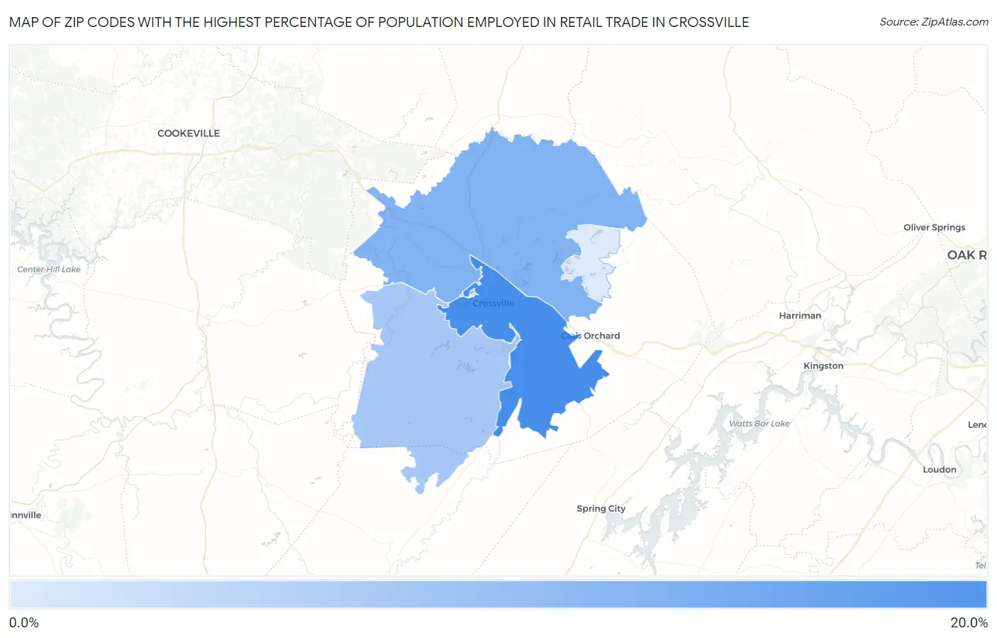 Zip Codes with the Highest Percentage of Population Employed in Retail Trade in Crossville Map