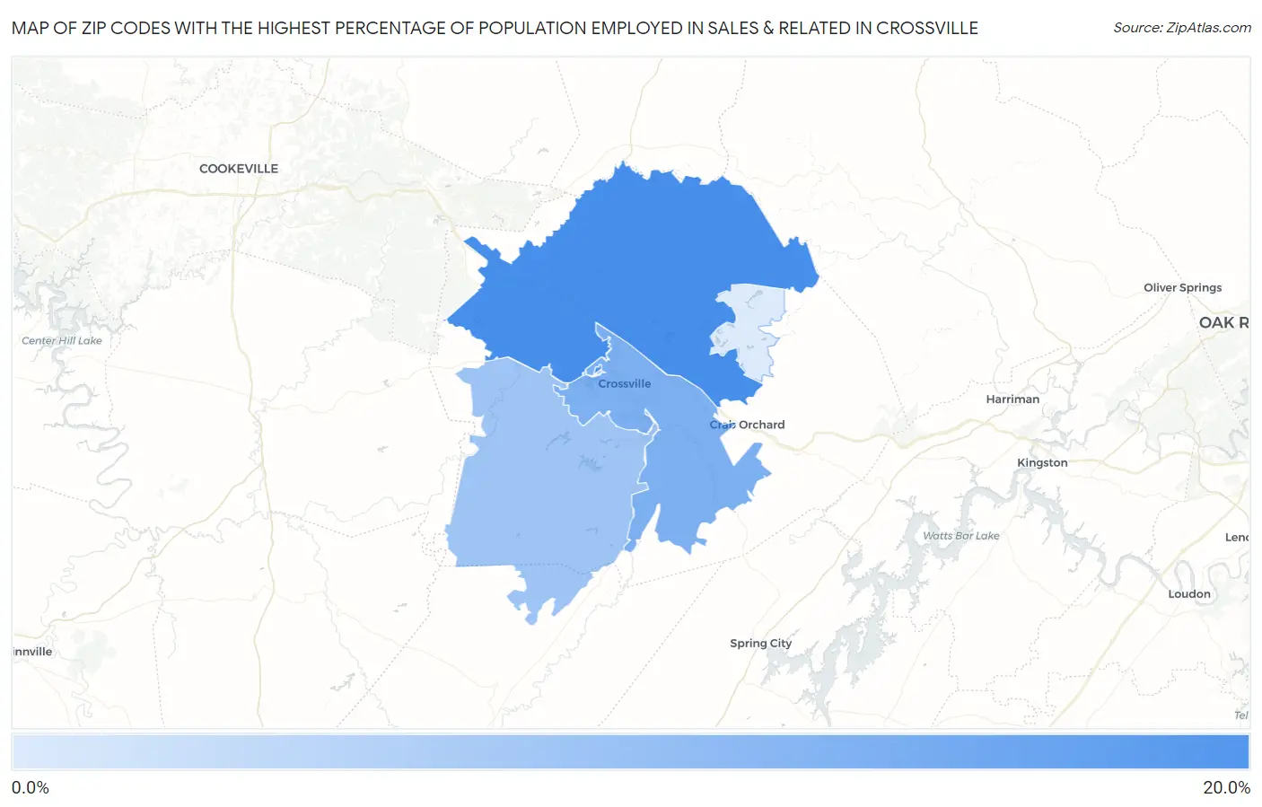 Zip Codes with the Highest Percentage of Population Employed in Sales & Related in Crossville Map