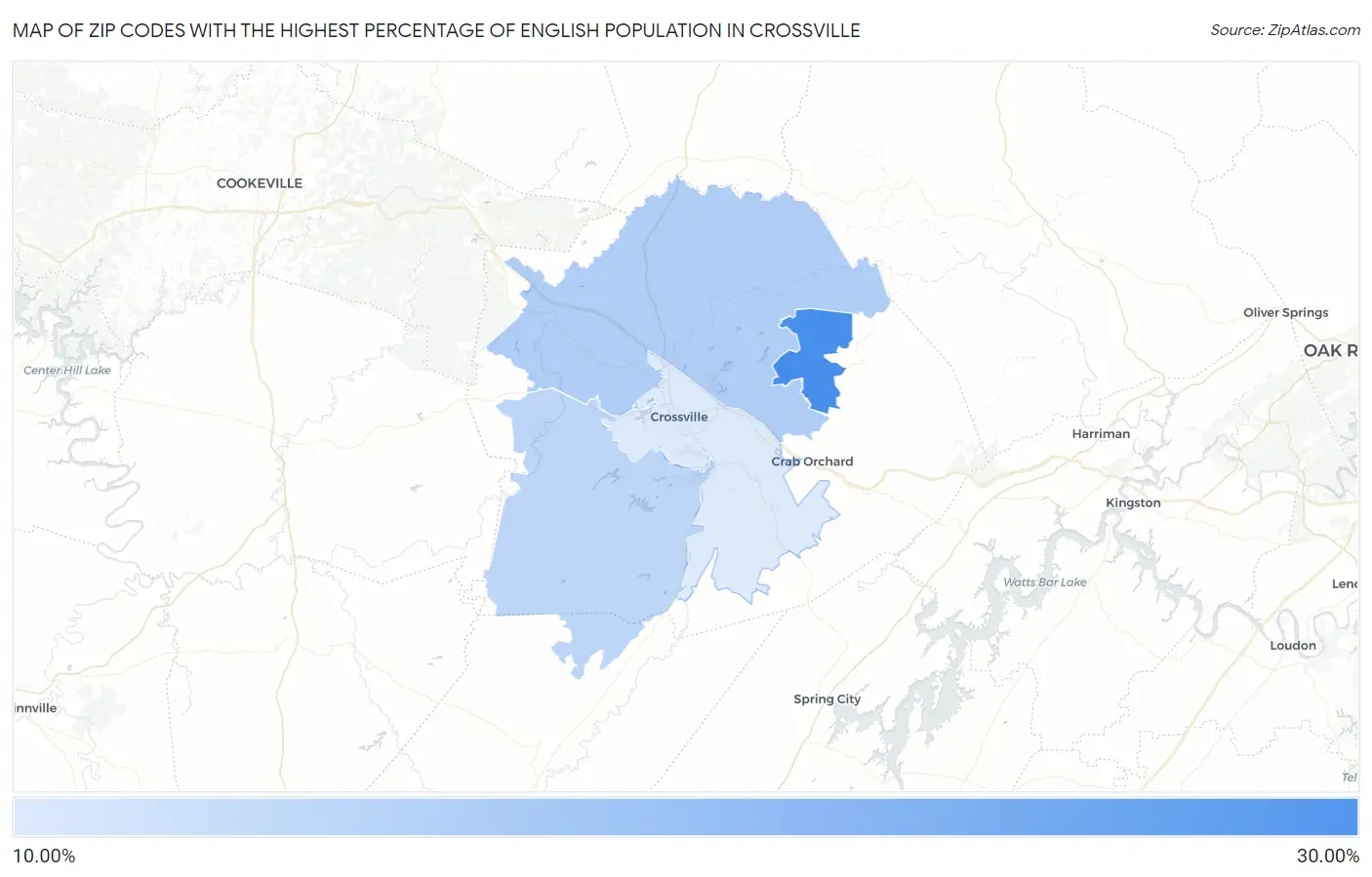 Zip Codes with the Highest Percentage of English Population in Crossville Map