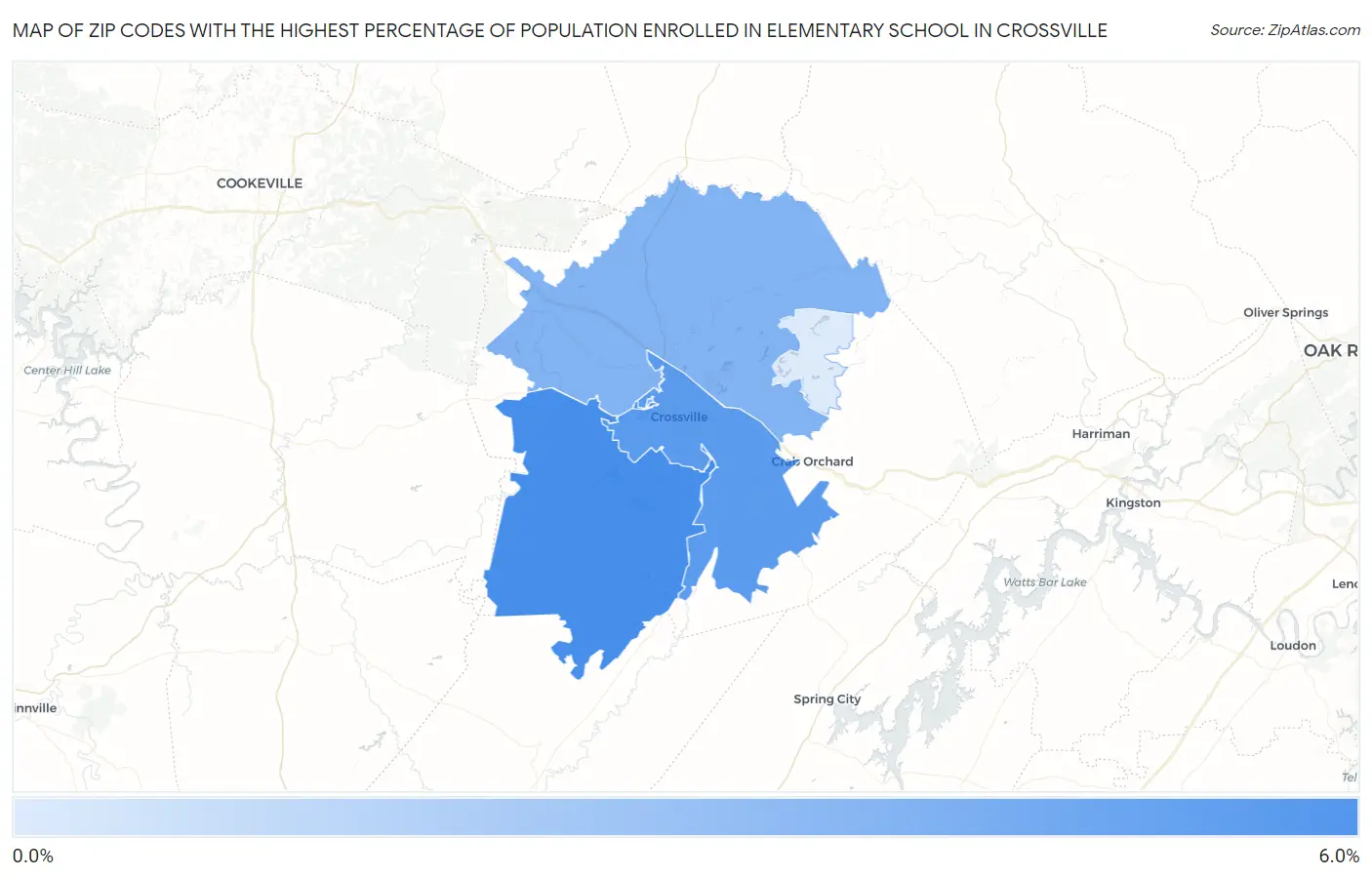 Zip Codes with the Highest Percentage of Population Enrolled in Elementary School in Crossville Map