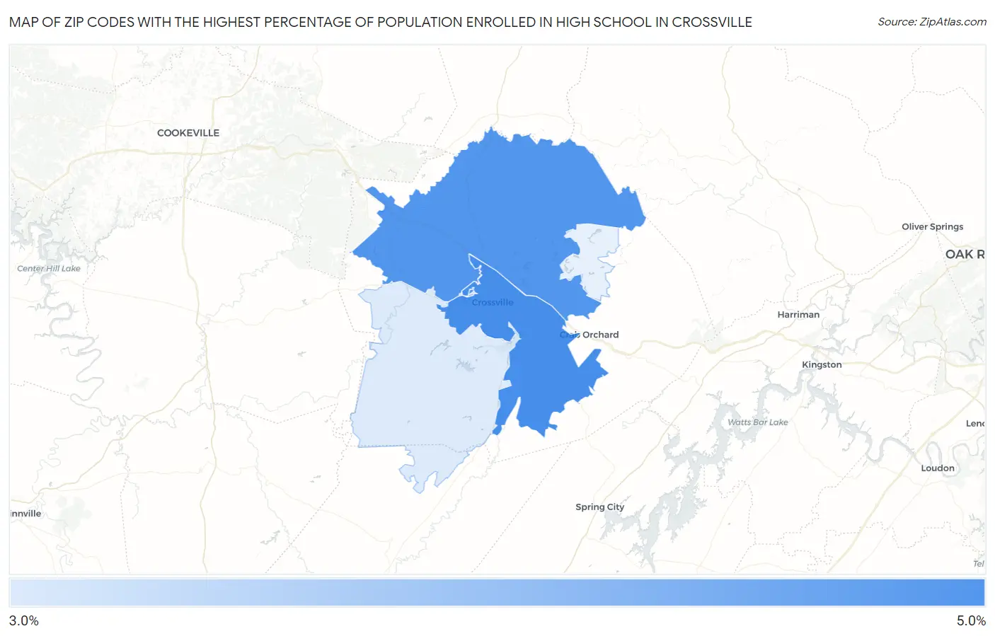 Zip Codes with the Highest Percentage of Population Enrolled in High School in Crossville Map
