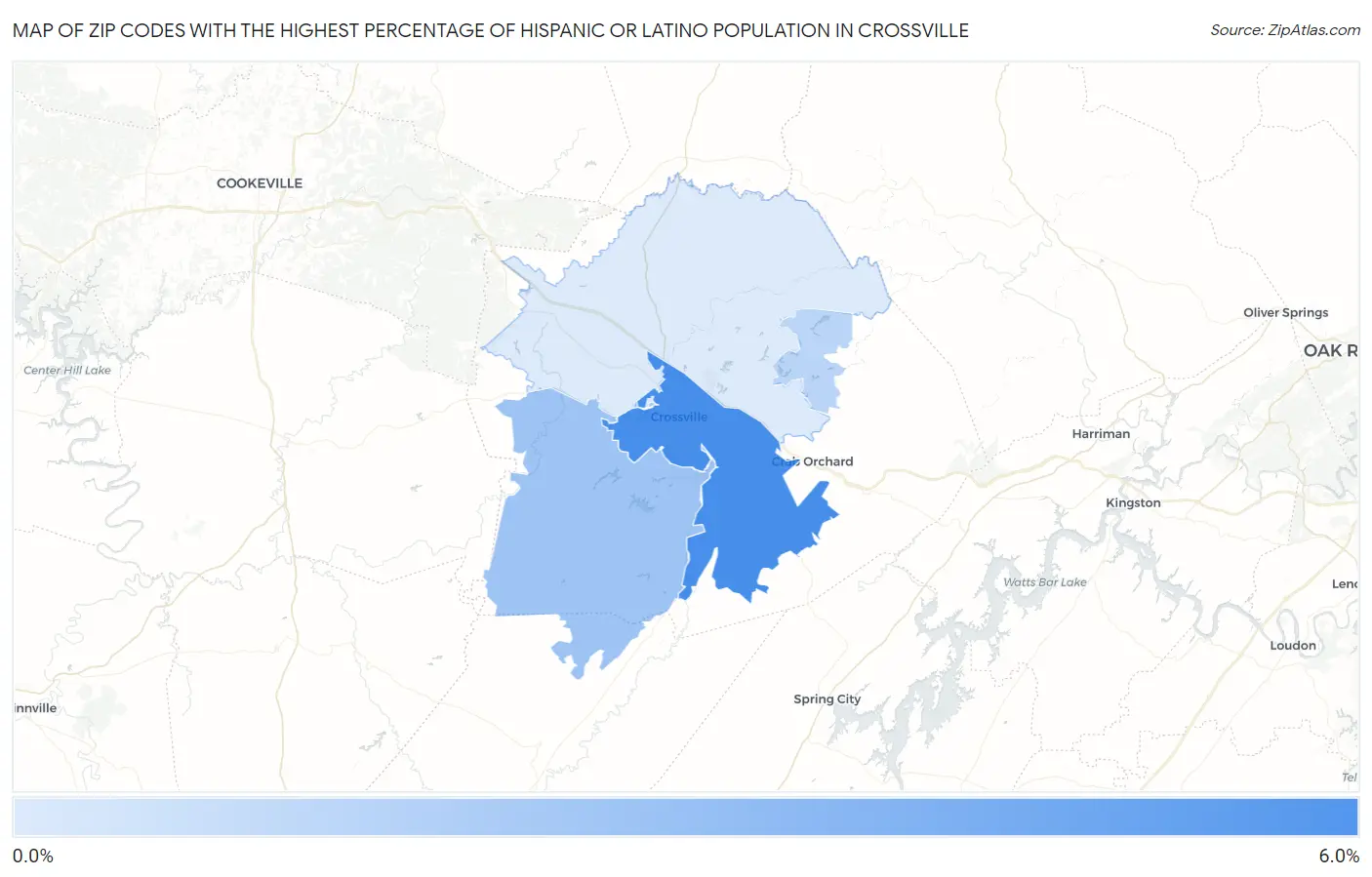Zip Codes with the Highest Percentage of Hispanic or Latino Population in Crossville Map