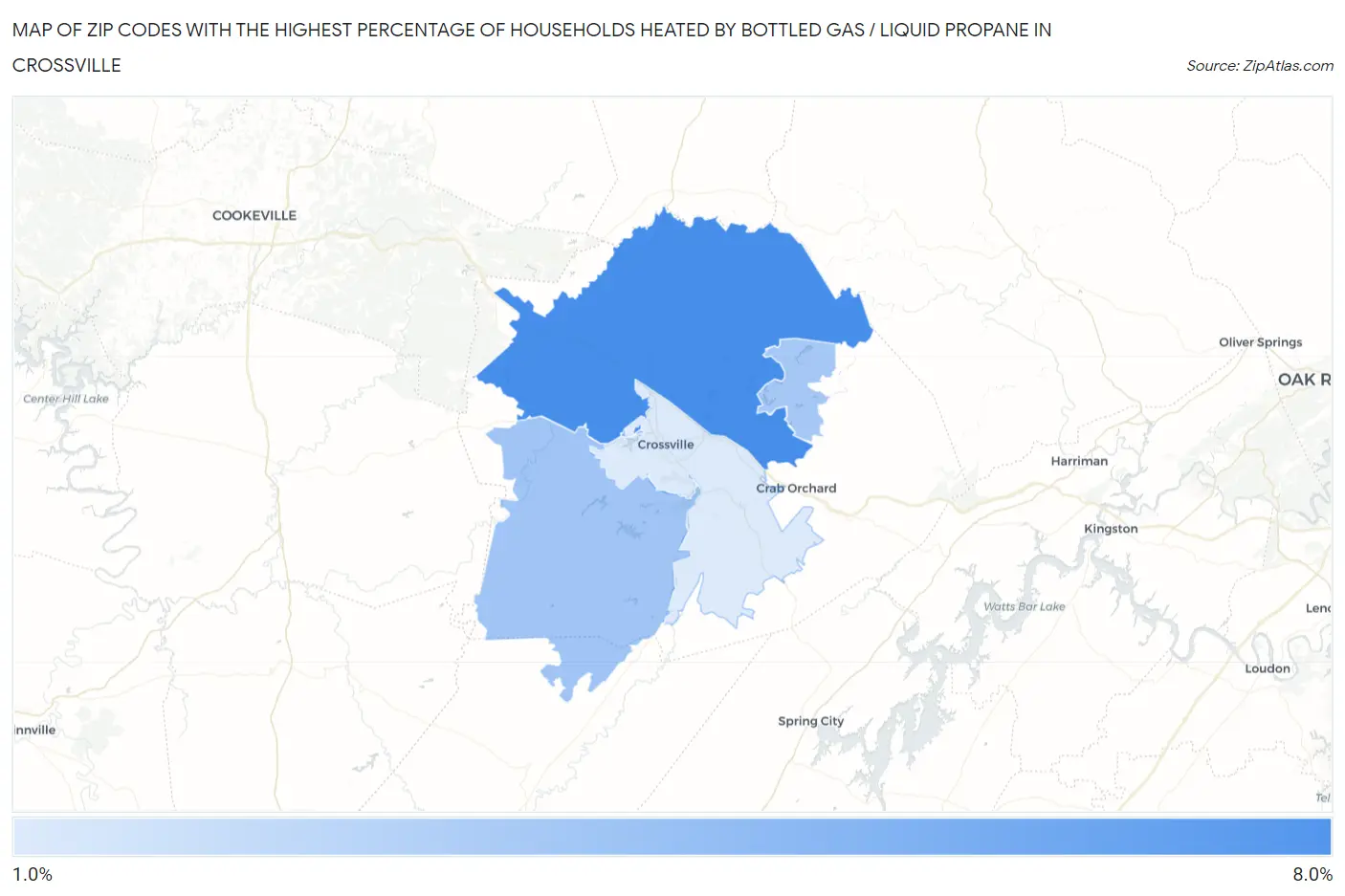 Zip Codes with the Highest Percentage of Households Heated by Bottled Gas / Liquid Propane in Crossville Map