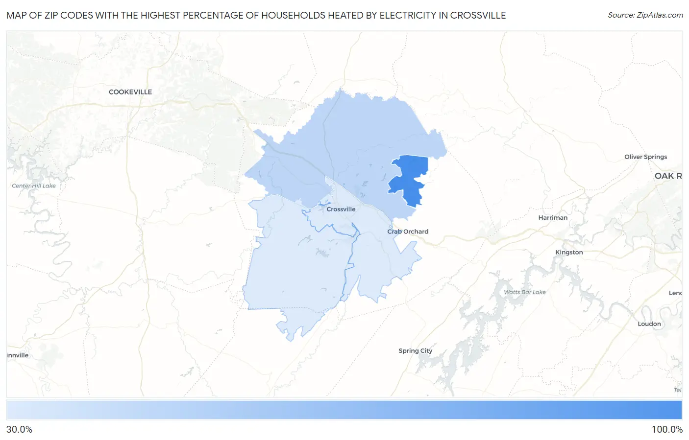 Zip Codes with the Highest Percentage of Households Heated by Electricity in Crossville Map