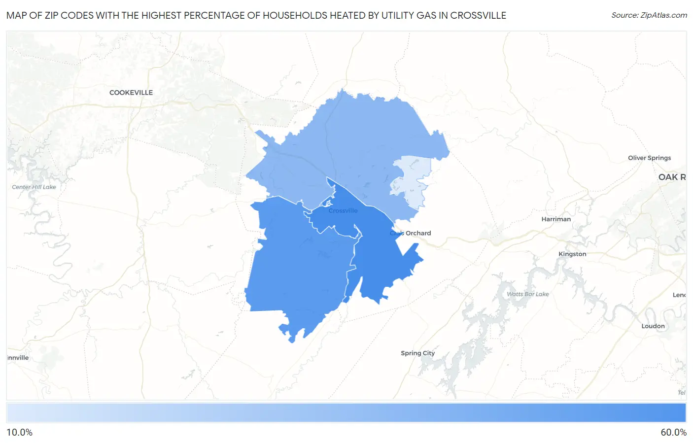 Zip Codes with the Highest Percentage of Households Heated by Utility Gas in Crossville Map
