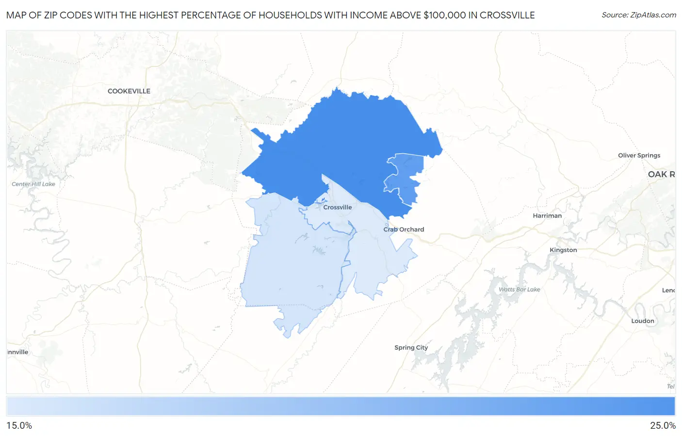 Zip Codes with the Highest Percentage of Households with Income Above $100,000 in Crossville Map