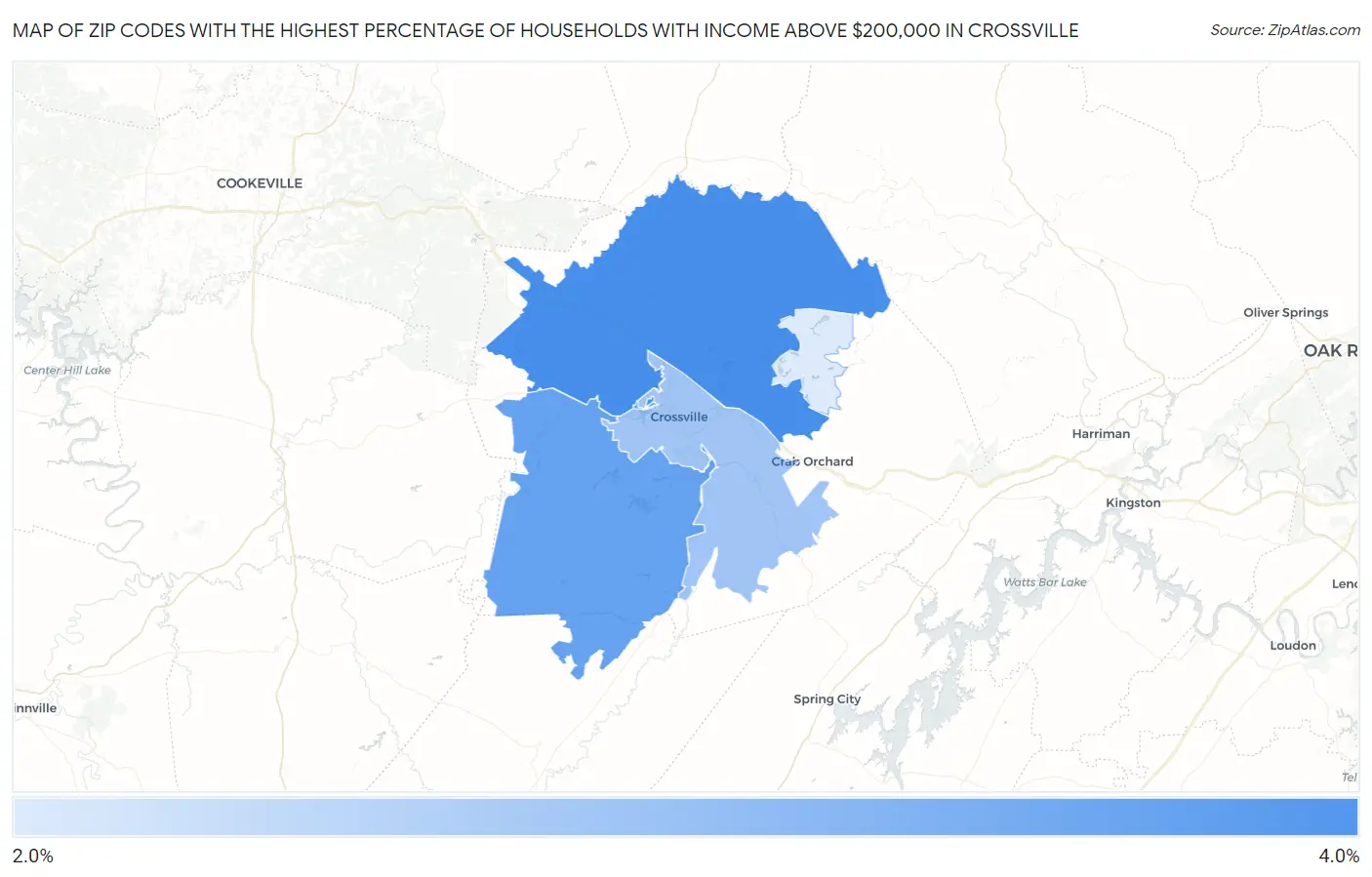 Zip Codes with the Highest Percentage of Households with Income Above $200,000 in Crossville Map