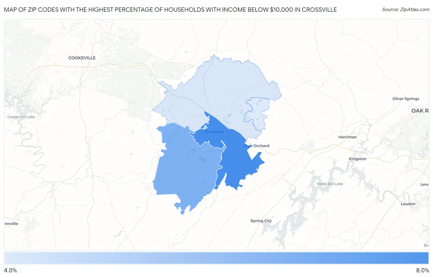 Zip Codes with the Highest Percentage of Households with Income Below $10,000 in Crossville Map