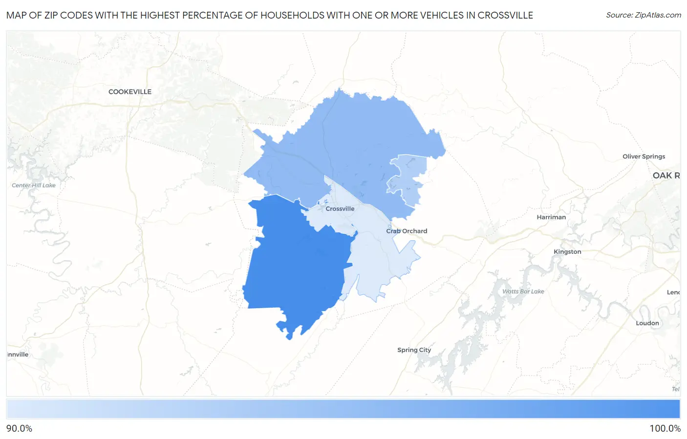 Zip Codes with the Highest Percentage of Households With One or more Vehicles in Crossville Map