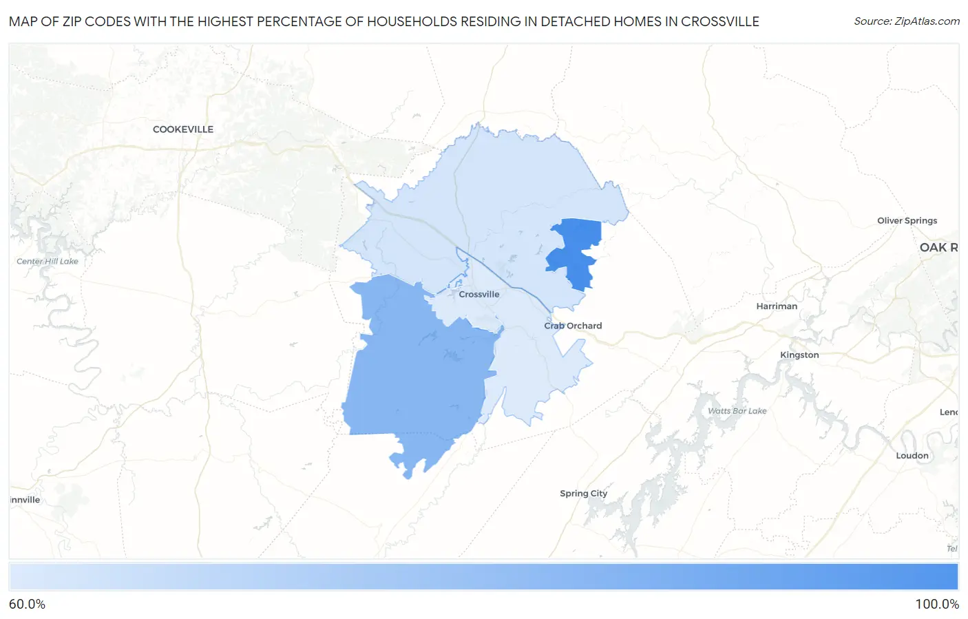 Zip Codes with the Highest Percentage of Households Residing in Detached Homes in Crossville Map