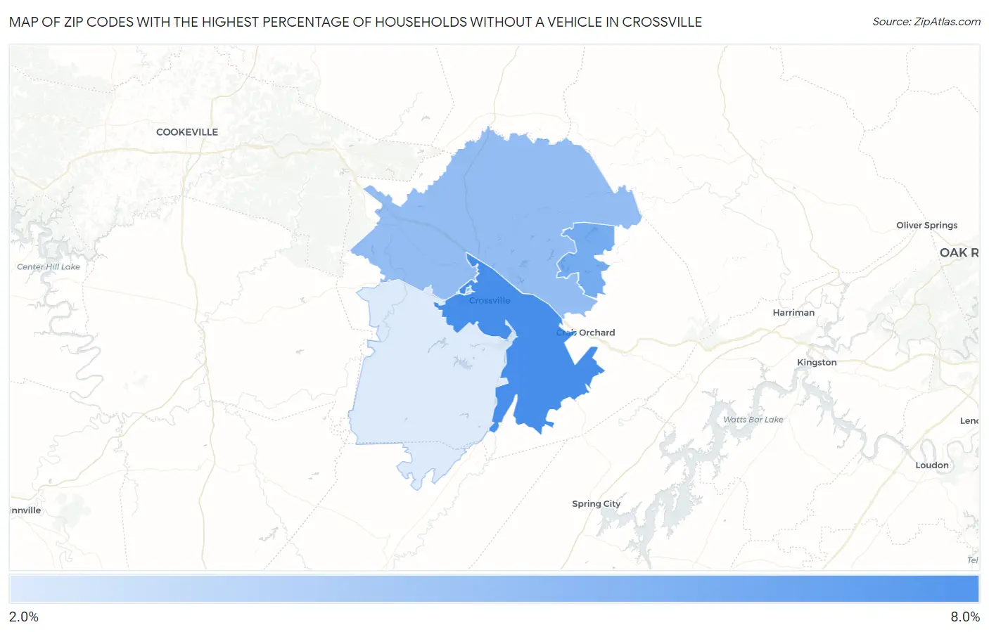 Zip Codes with the Highest Percentage of Households Without a Vehicle in Crossville Map