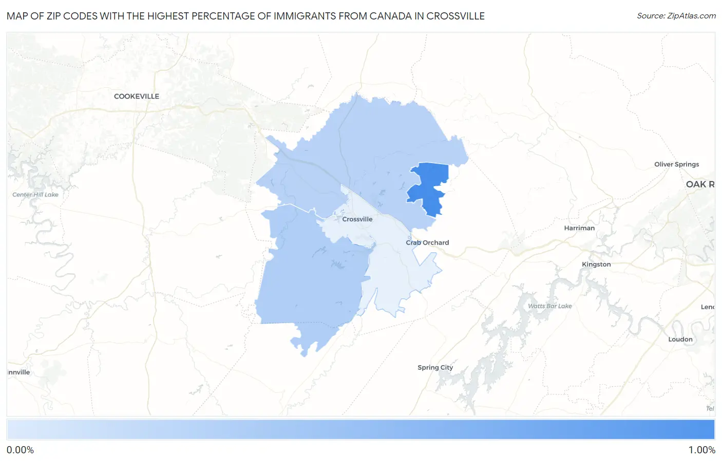 Zip Codes with the Highest Percentage of Immigrants from Canada in Crossville Map