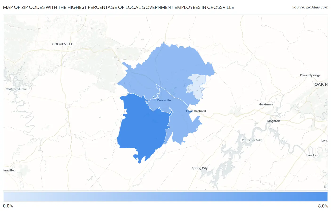 Zip Codes with the Highest Percentage of Local Government Employees in Crossville Map