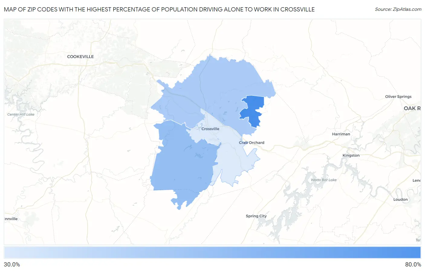 Zip Codes with the Highest Percentage of Population Driving Alone to Work in Crossville Map