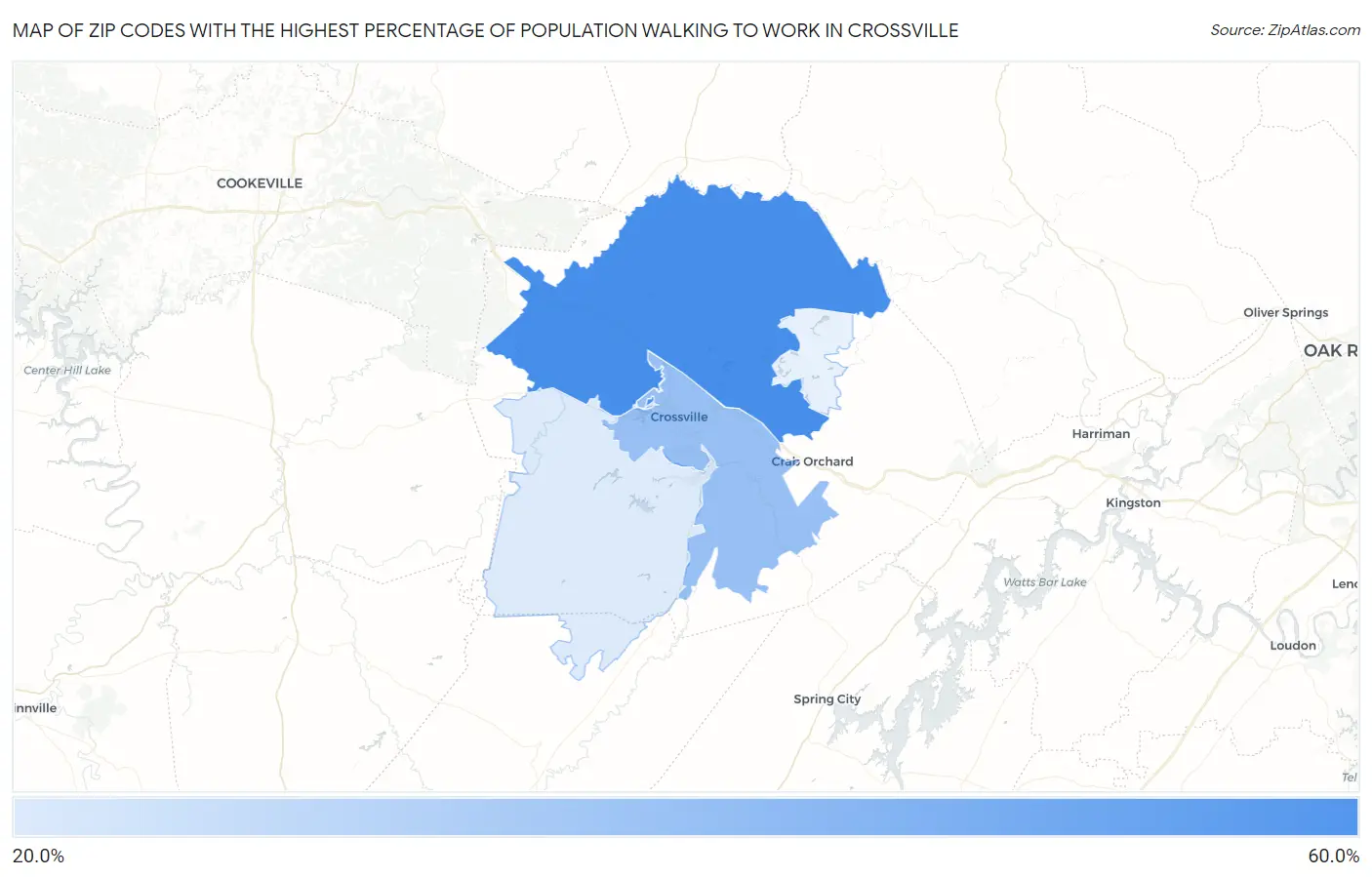 Zip Codes with the Highest Percentage of Population Walking to Work in Crossville Map