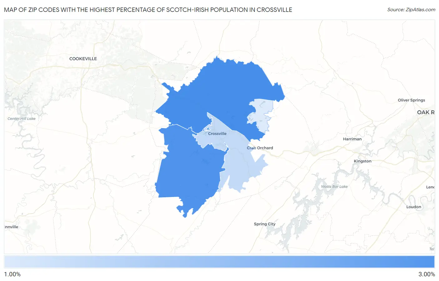Zip Codes with the Highest Percentage of Scotch-Irish Population in Crossville Map