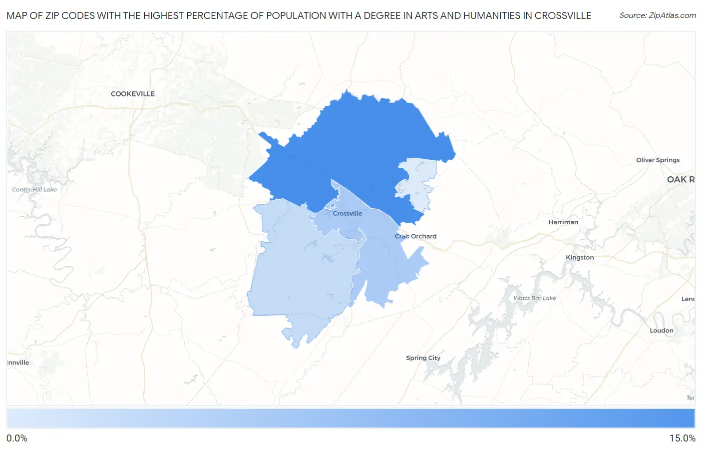 Zip Codes with the Highest Percentage of Population with a Degree in Arts and Humanities in Crossville Map