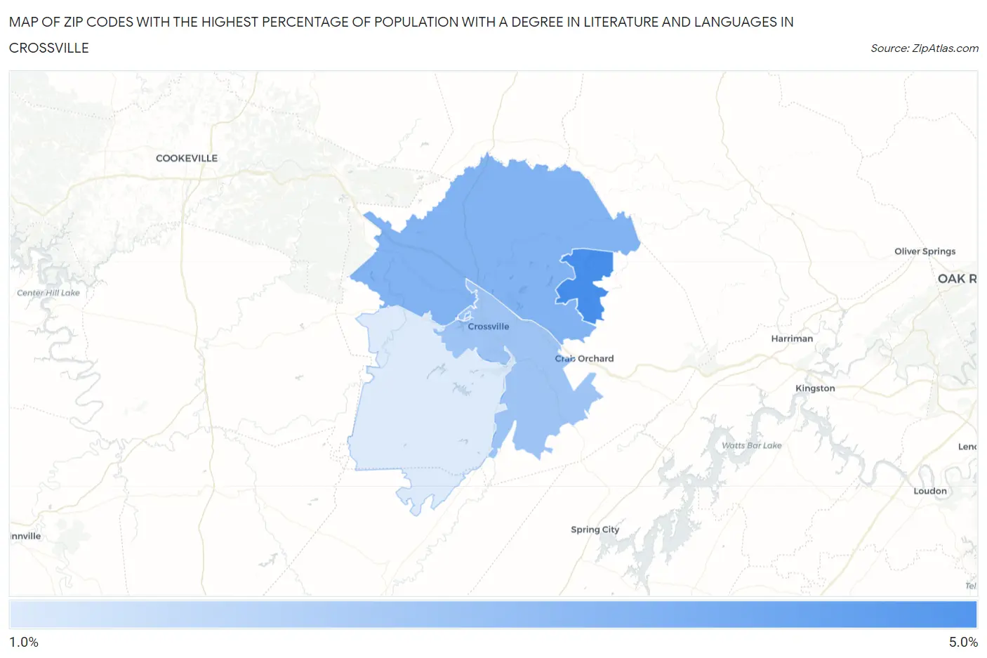 Zip Codes with the Highest Percentage of Population with a Degree in Literature and Languages in Crossville Map