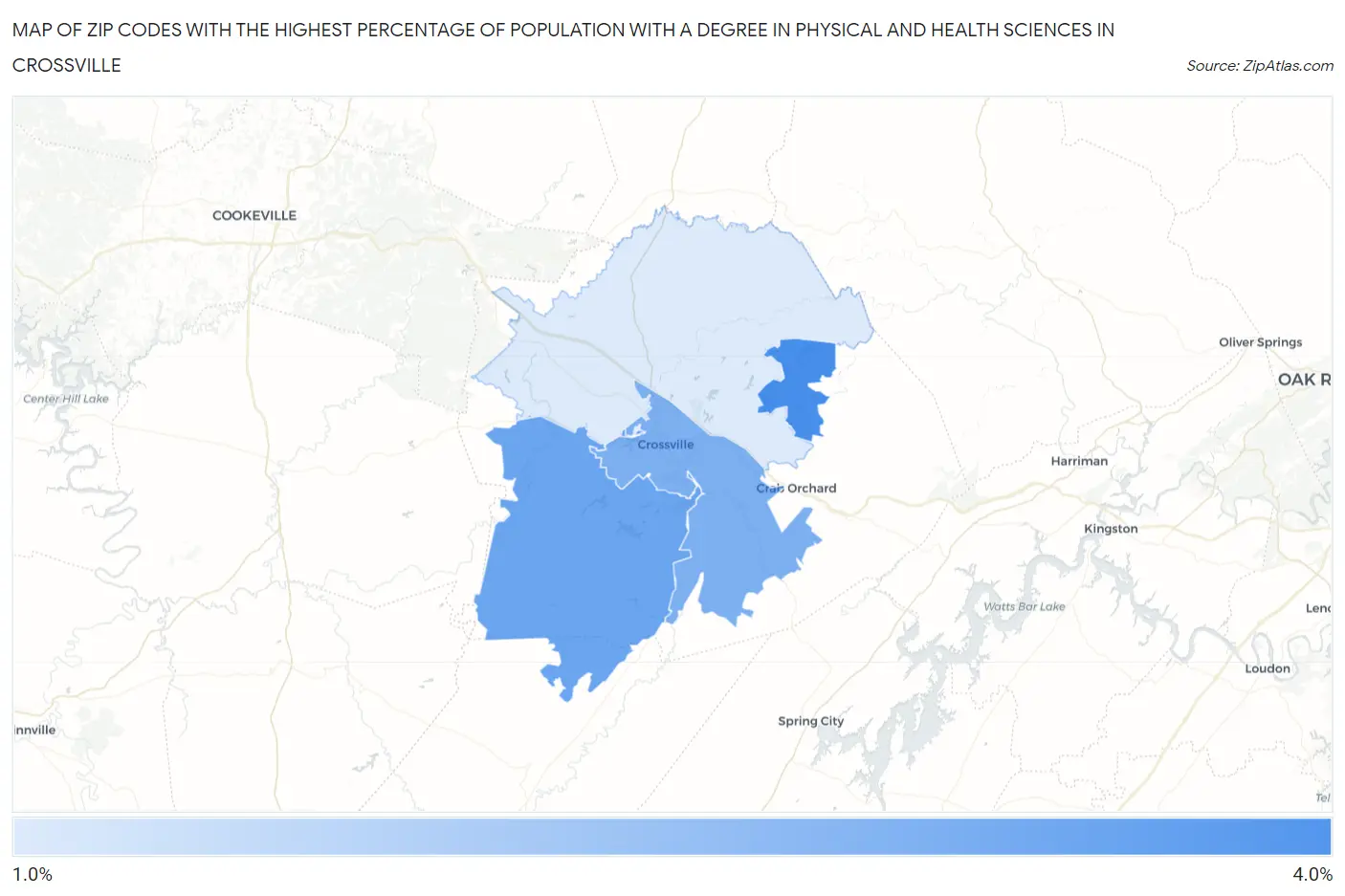 Zip Codes with the Highest Percentage of Population with a Degree in Physical and Health Sciences in Crossville Map