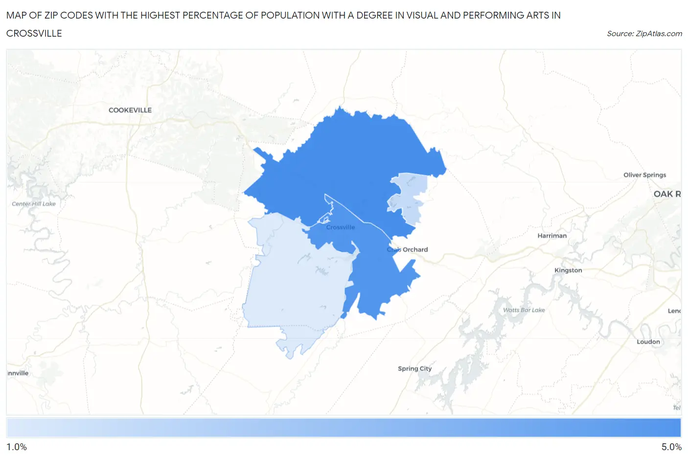 Zip Codes with the Highest Percentage of Population with a Degree in Visual and Performing Arts in Crossville Map