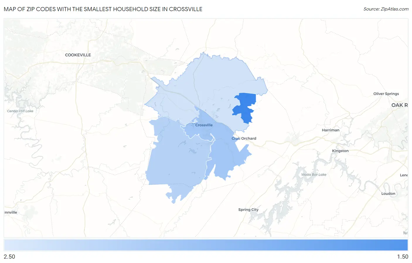Zip Codes with the Smallest Household Size in Crossville Map