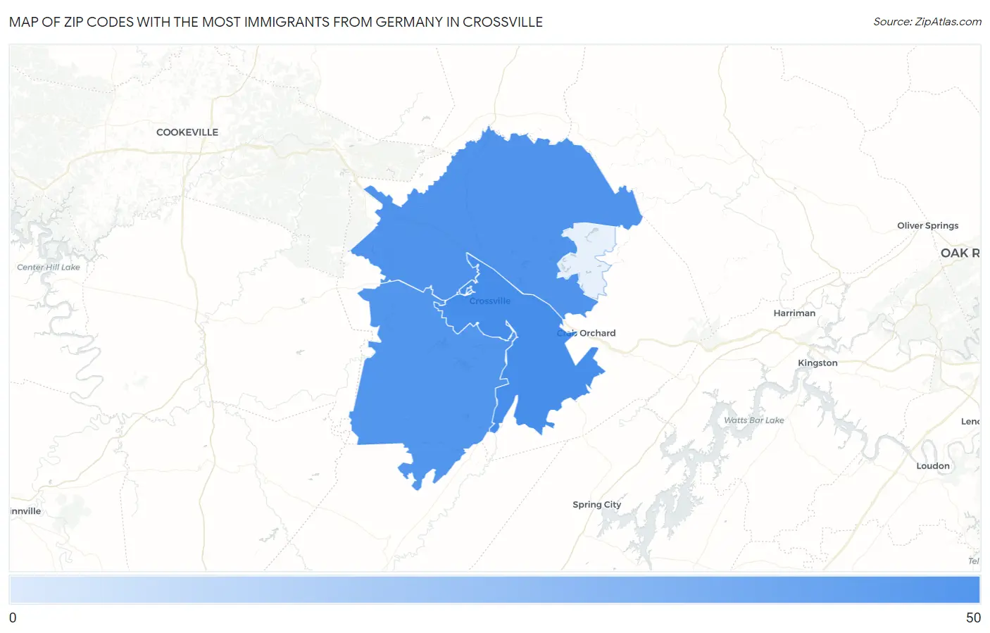 Zip Codes with the Most Immigrants from Germany in Crossville Map