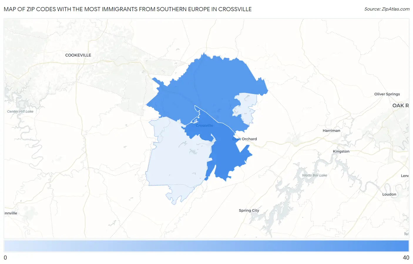Zip Codes with the Most Immigrants from Southern Europe in Crossville Map