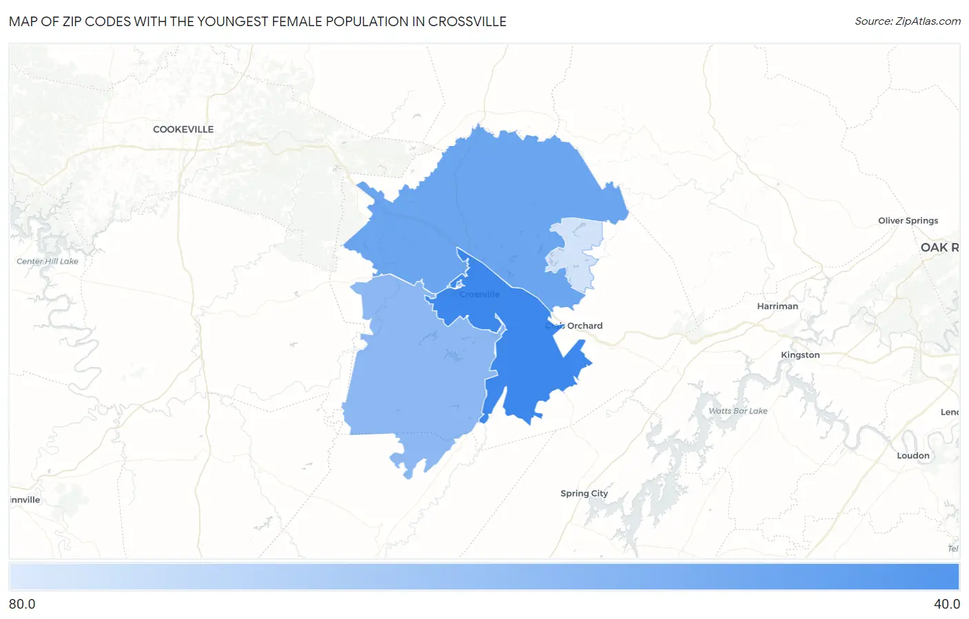 Zip Codes with the Youngest Female Population in Crossville Map