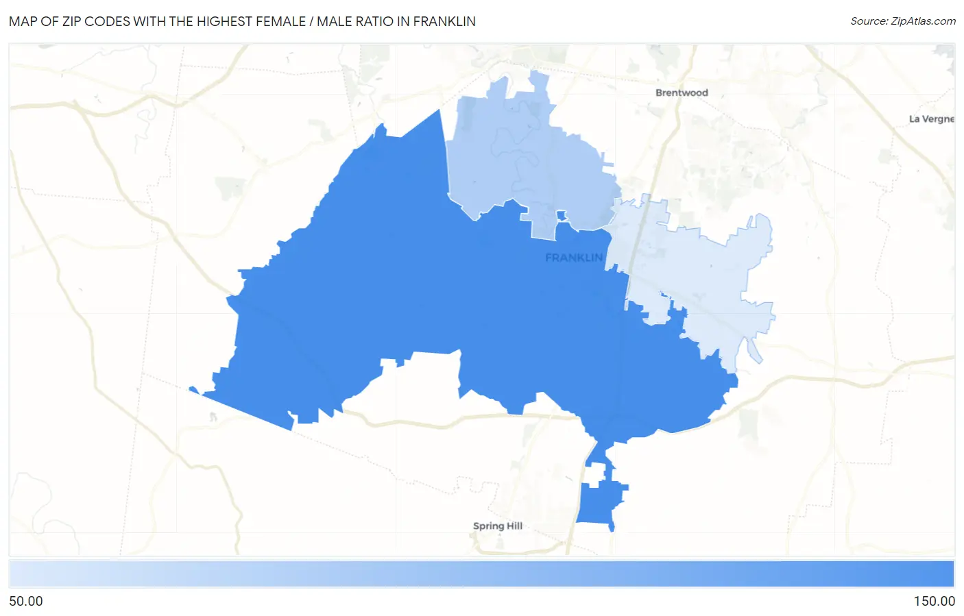 Zip Codes with the Highest Female / Male Ratio in Franklin Map