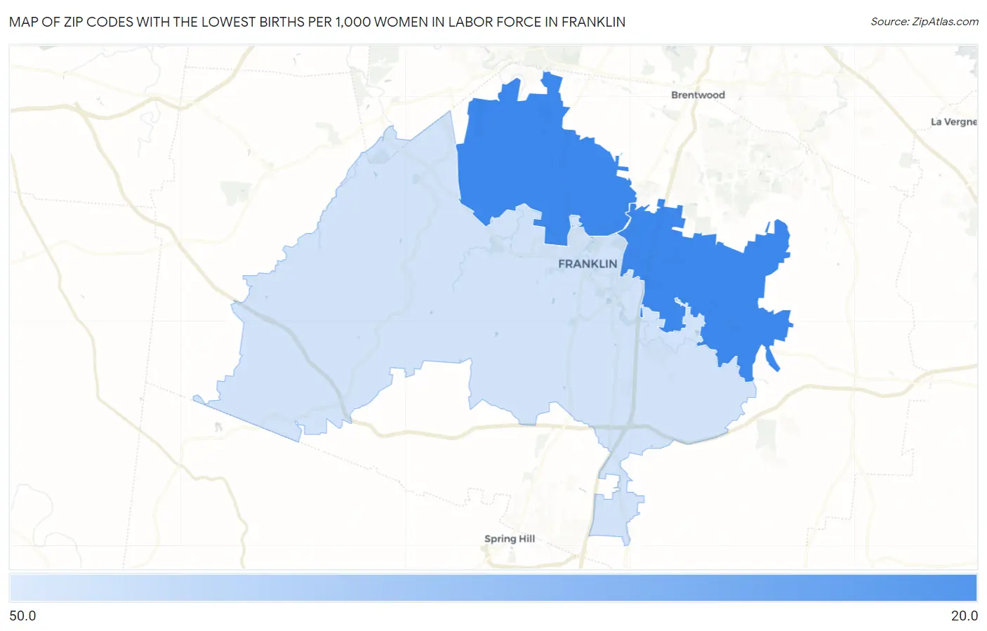 Zip Codes with the Lowest Births per 1,000 Women in Labor Force in Franklin Map