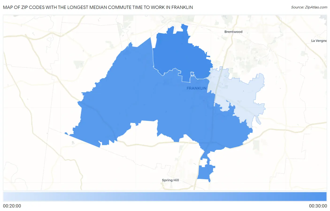 Zip Codes with the Longest Median Commute Time to Work in Franklin Map