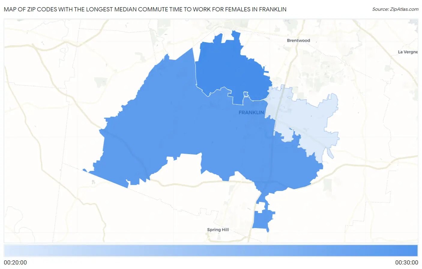 Zip Codes with the Longest Median Commute Time to Work for Females in Franklin Map