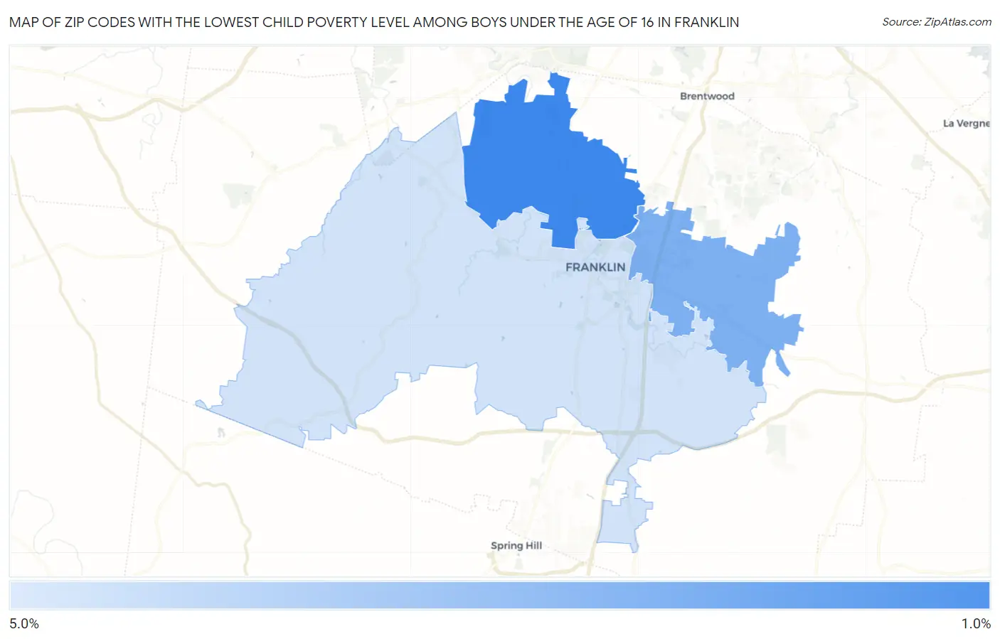 Zip Codes with the Lowest Child Poverty Level Among Boys Under the Age of 16 in Franklin Map