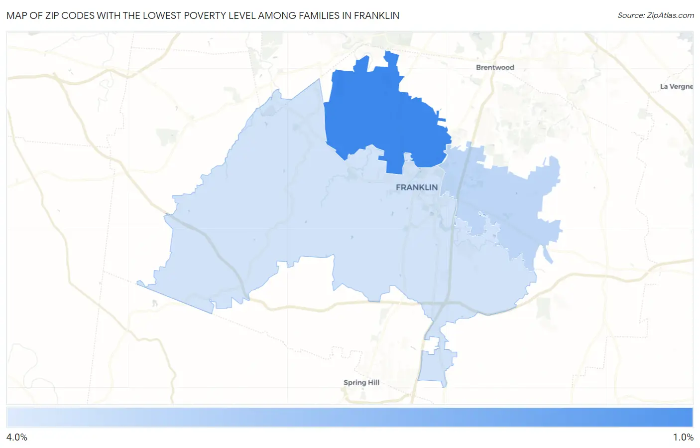 Zip Codes with the Lowest Poverty Level Among Families in Franklin Map