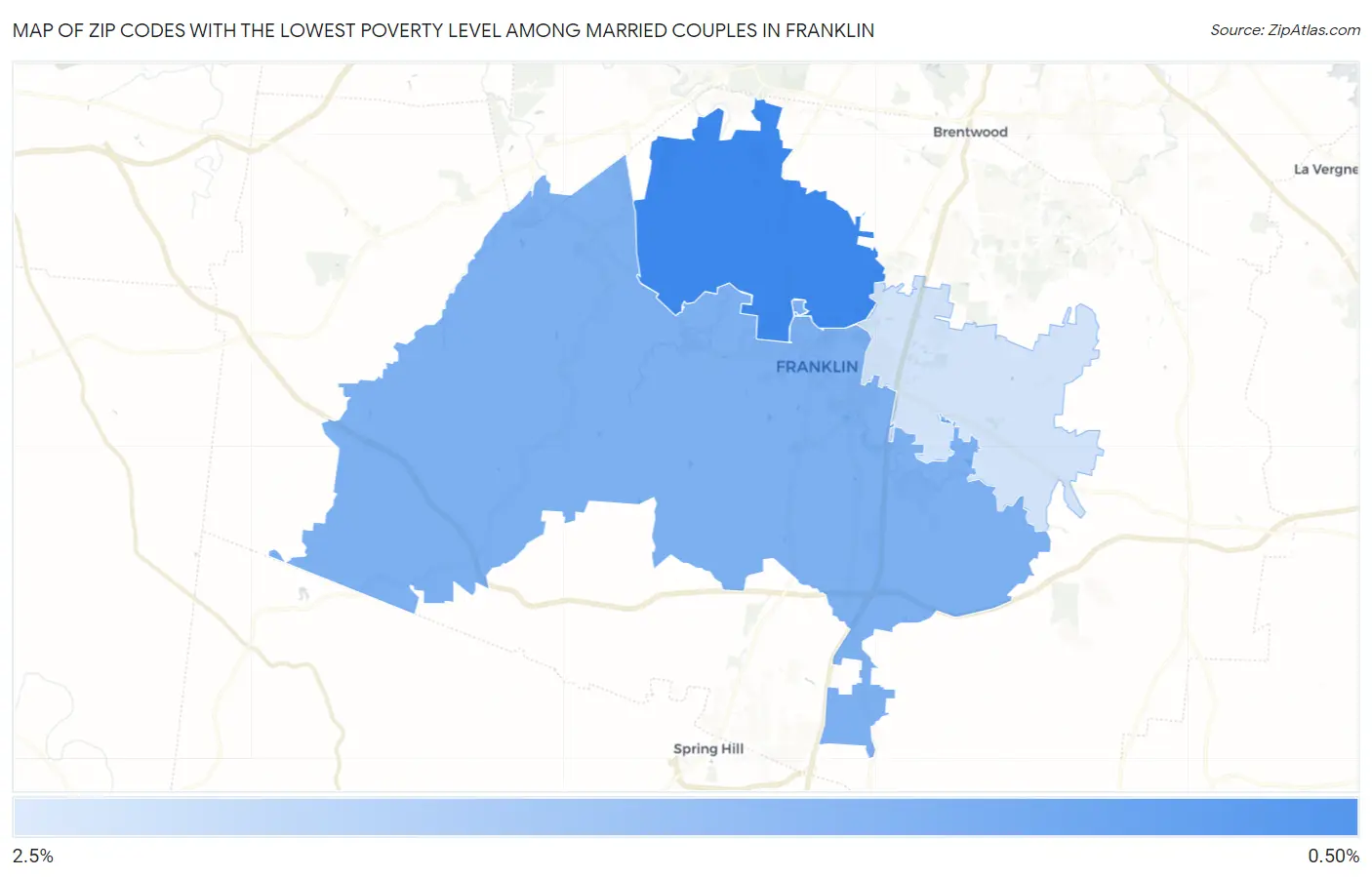 Zip Codes with the Lowest Poverty Level Among Married Couples in Franklin Map