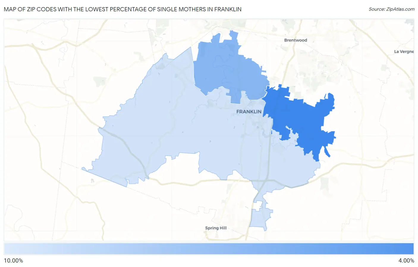 Zip Codes with the Lowest Percentage of Single Mothers in Franklin Map