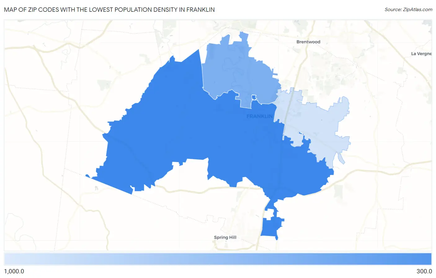 Zip Codes with the Lowest Population Density in Franklin Map