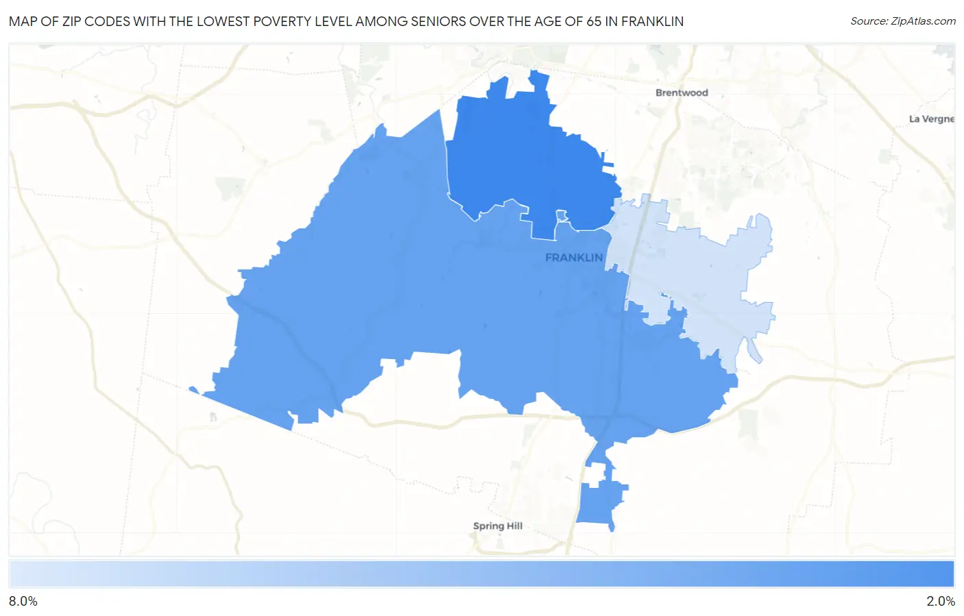 Zip Codes with the Lowest Poverty Level Among Seniors Over the Age of 65 in Franklin Map