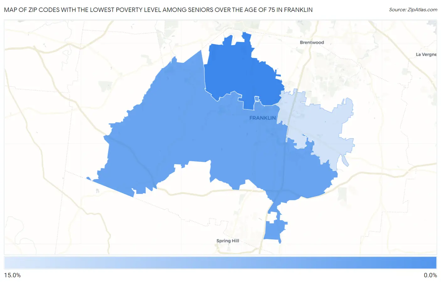 Zip Codes with the Lowest Poverty Level Among Seniors Over the Age of 75 in Franklin Map